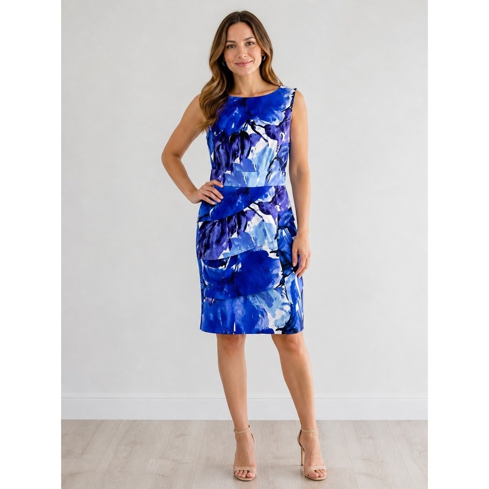 Connected Apparel Blue Floral Sheath Dress Career Elegant Wedding Guest Size 6‎